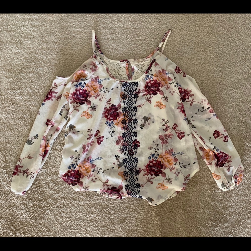 Beige Patterned Cold Shoulder Long Sleeve Top